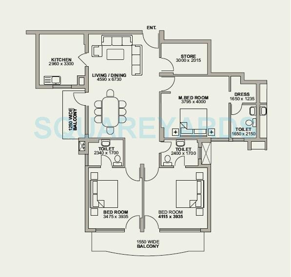 Floor plan of 3 BHK 1803 Sq. Ft. Apartment in NBCC Green View, Gurgaon