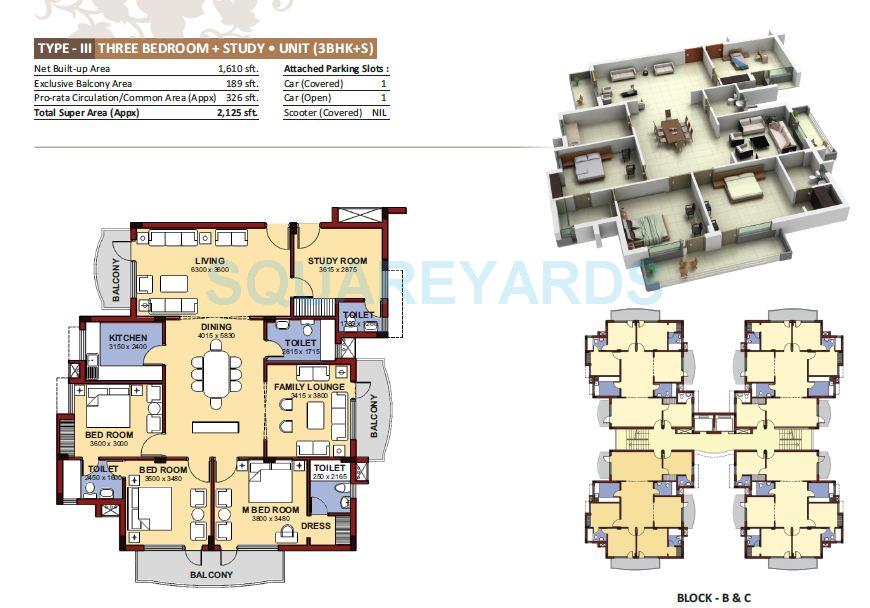 Floor plan of 3 BHK 2125 Sq. Ft. Apartment in NBCC Heights, Gurgaon