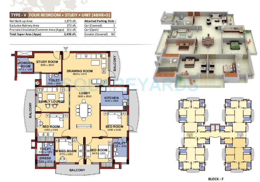 Floor plan of 4 BHK 2458 Sq. Ft. Apartment in NBCC Heights, Gurgaon