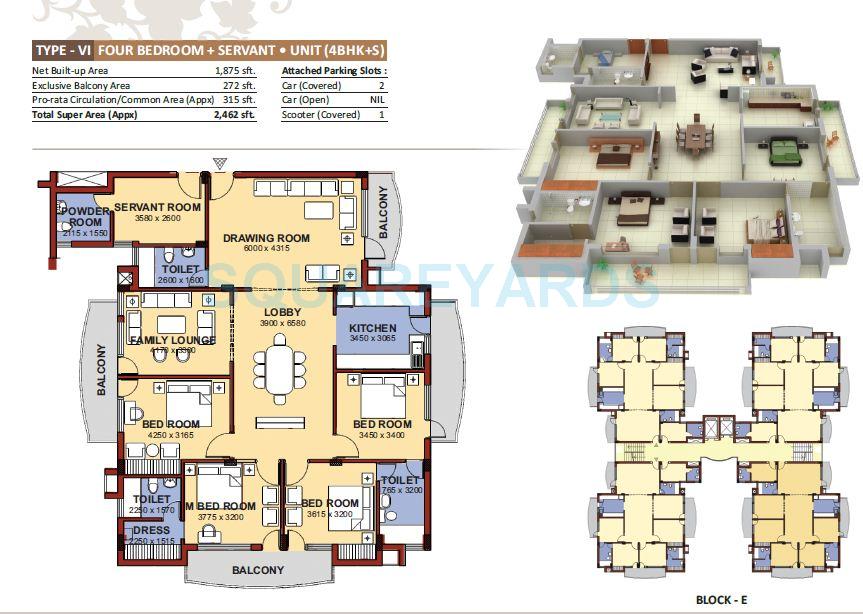 Floor plan of 4 BHK 2462 Sq. Ft. Apartment in NBCC Heights, Gurgaon