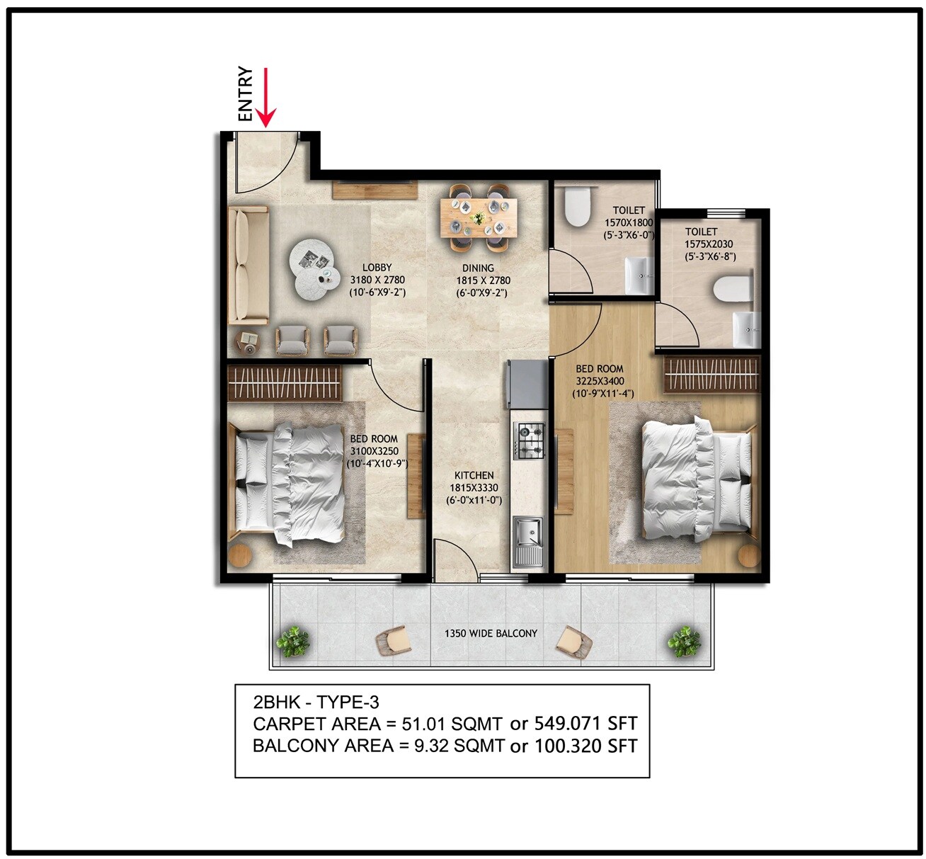 Floor plan of 2 BHK 549 Sq. Ft. Apartment in Nowara Nakshatra, Gurgaon