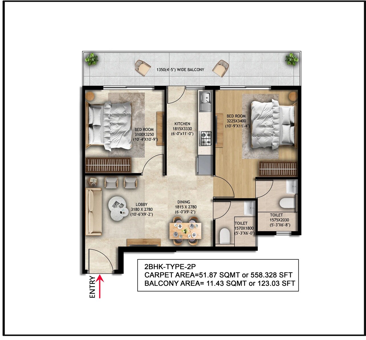 Floor plan of 2 BHK 558 Sq. Ft. Apartment in Nowara Nakshatra, Gurgaon