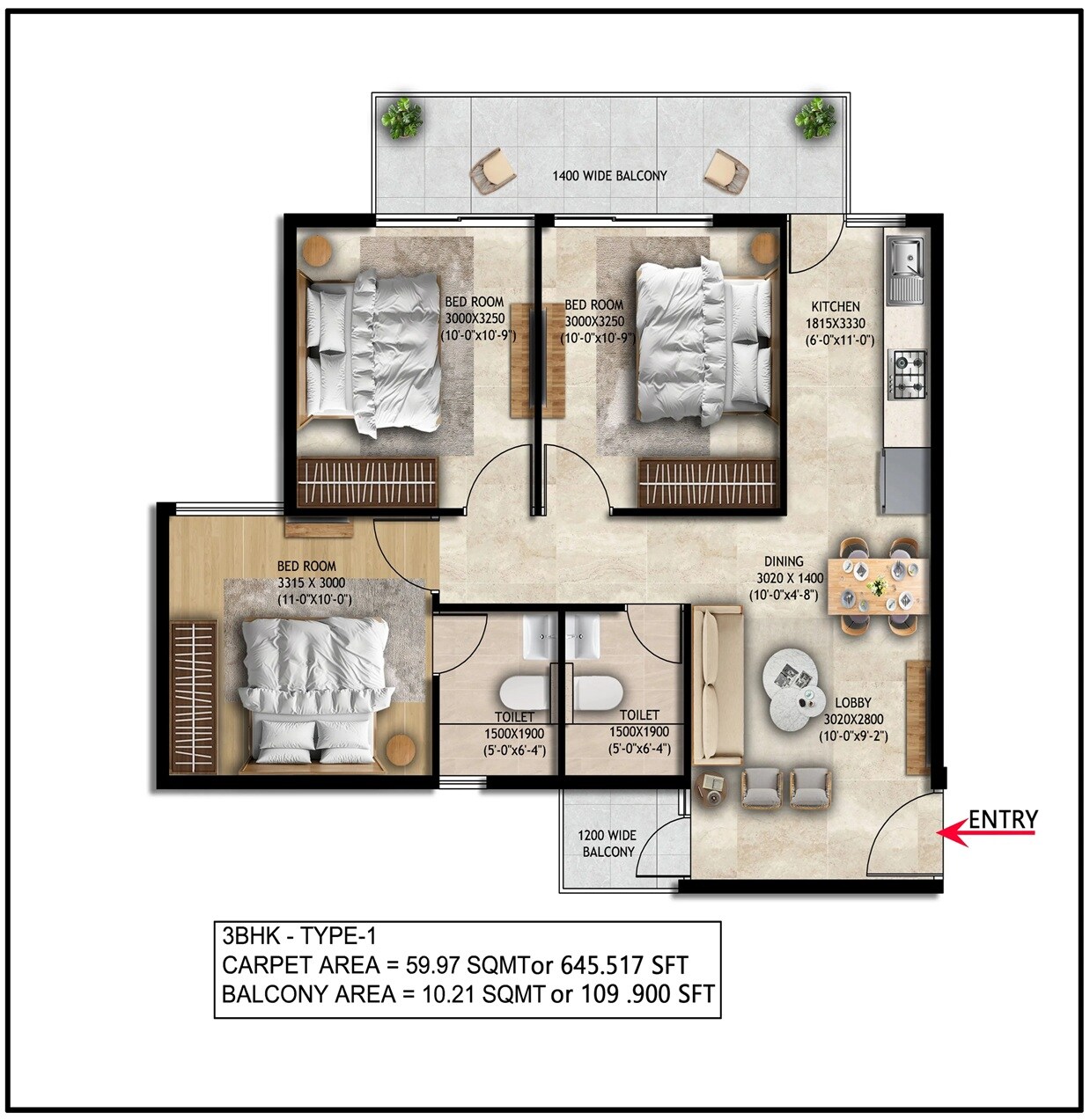 Floor plan of 3 BHK 645 Sq. Ft. Apartment in Nowara Nakshatra, Gurgaon