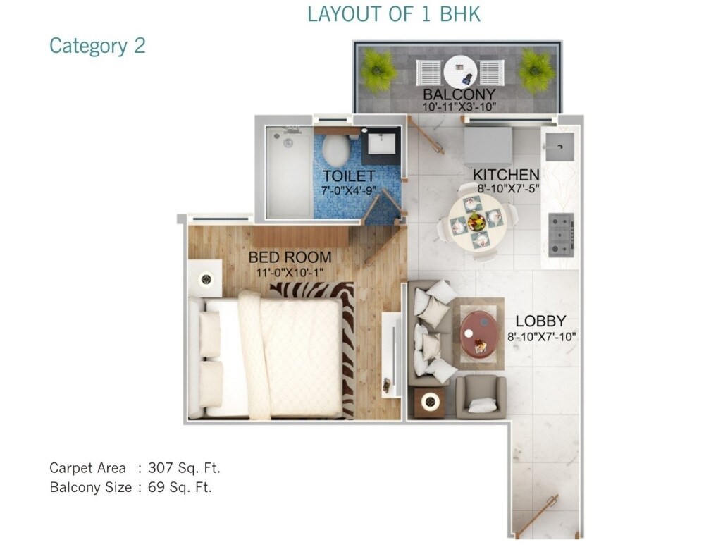 Floor plan of 1 BHK 376 Sq. Ft. Apartment in Ocean Seven Expressway Towers, Gurgaon