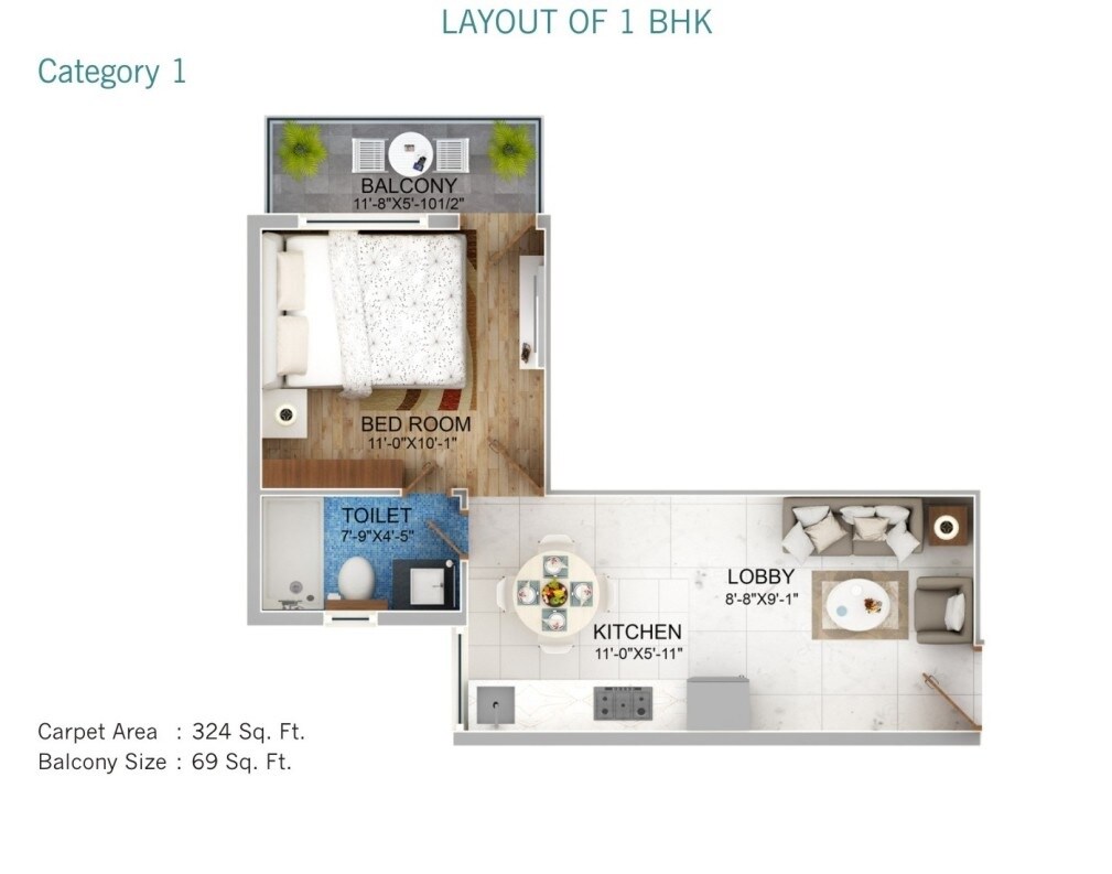 Floor plan of 1 BHK 393 Sq. Ft. Apartment in Ocean Seven Expressway Towers, Gurgaon