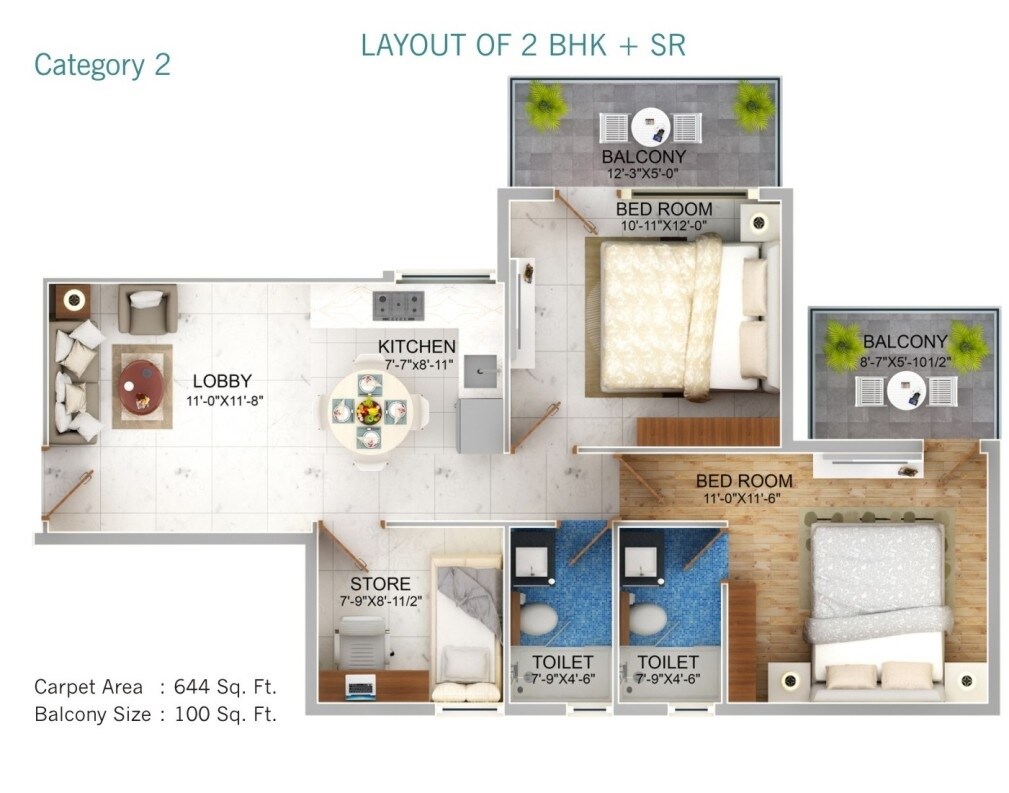 Floor plan of 2 BHK 744 Sq. Ft. Apartment in Ocean Seven Expressway Towers, Gurgaon
