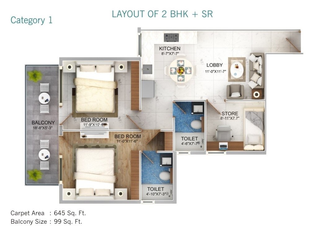 Floor plan of 2 BHK 745 Sq. Ft. Apartment in Ocean Seven Expressway Towers, Gurgaon