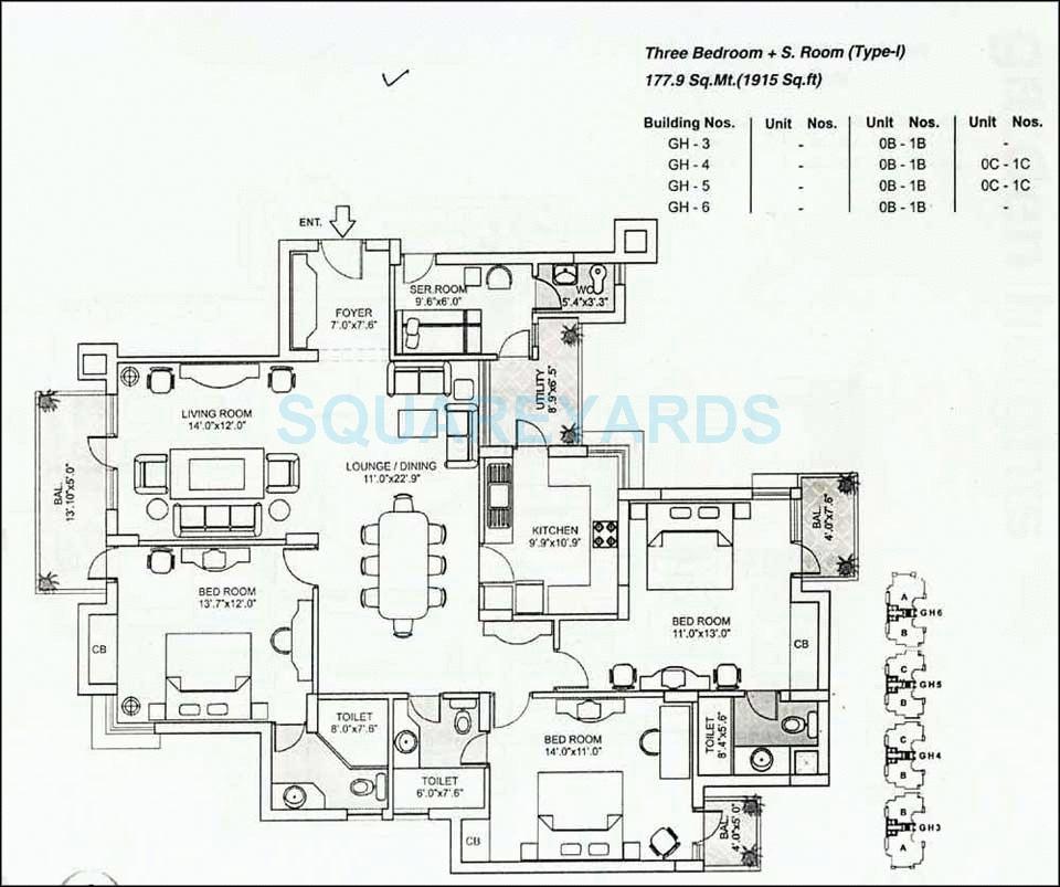 Floor plan of 3 BHK 1915 Sq. Ft. Apartment in Orchid Gardens, Gurgaon
