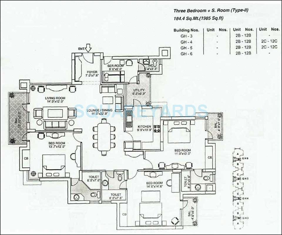 Floor plan of 3 BHK 1985 Sq. Ft. Apartment in Orchid Gardens, Gurgaon