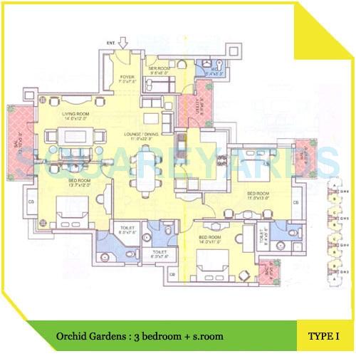 Floor plan of 3 BHK 1575 Sq. Ft. Apartment in Orchid Gardens, Gurgaon
