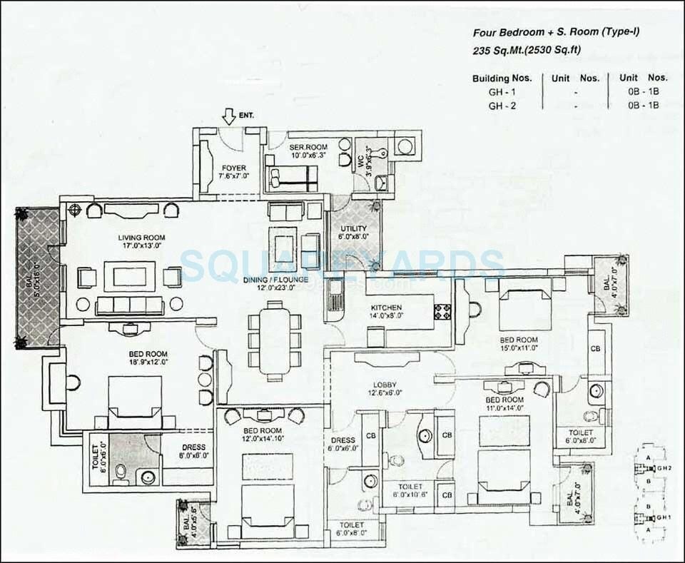 Floor plan of 4 BHK 2530 Sq. Ft. Apartment in Orchid Gardens, Gurgaon