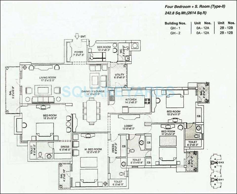 Floor plan of 4 BHK 2614 Sq. Ft. Apartment in Orchid Gardens, Gurgaon