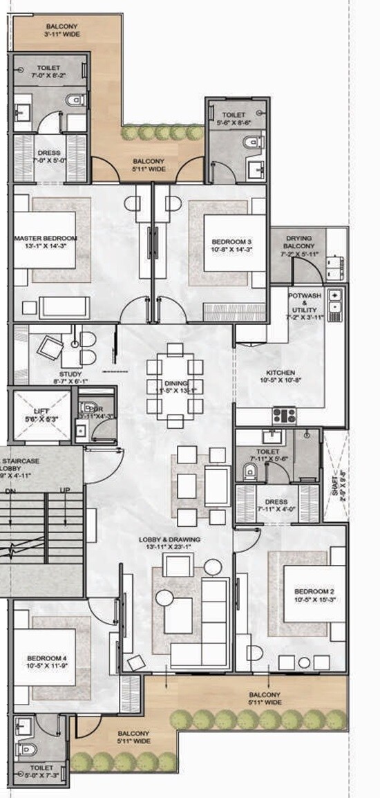 Floor plan of 4 BHK 3200 Sq. Ft. Ind Floor in Orchid Ivy Floors, Gurgaon