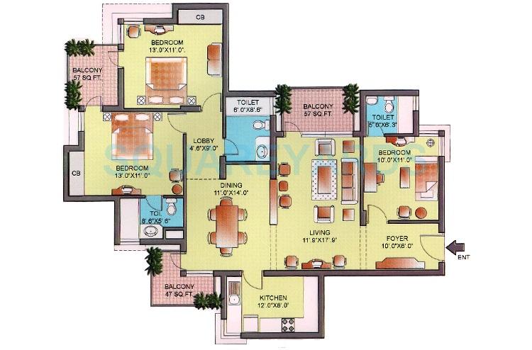 Floor plan of 3 BHK 1805 Sq. Ft. Apartment in Orchid Petals, Gurgaon