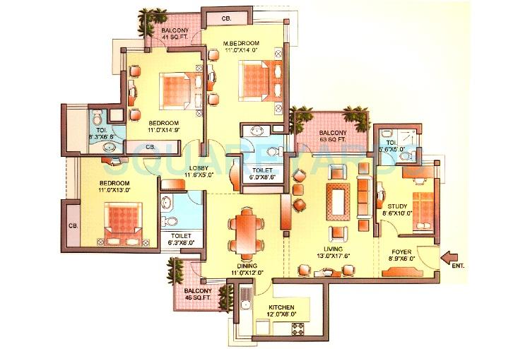 Floor plan of 3 BHK 2061 Sq. Ft. Apartment in Orchid Petals, Gurgaon