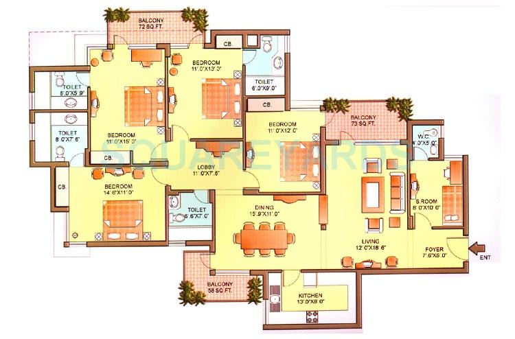 Floor plan of 4 BHK 2337 Sq. Ft. Apartment in Orchid Petals, Gurgaon