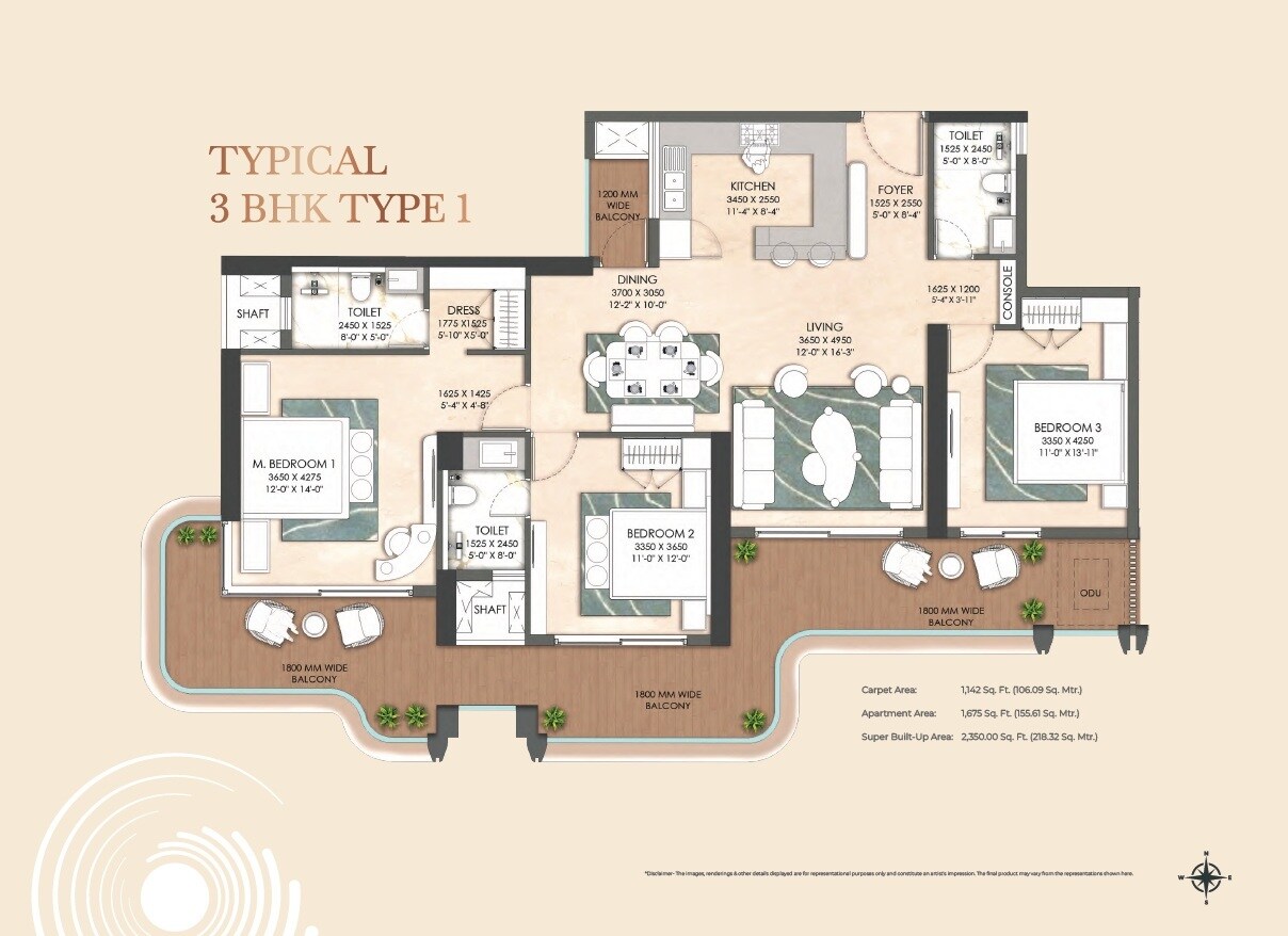 Floor plan of 3 BHK 2350 Sq. Ft. Apartment in Origen The Oryza, Gurgaon