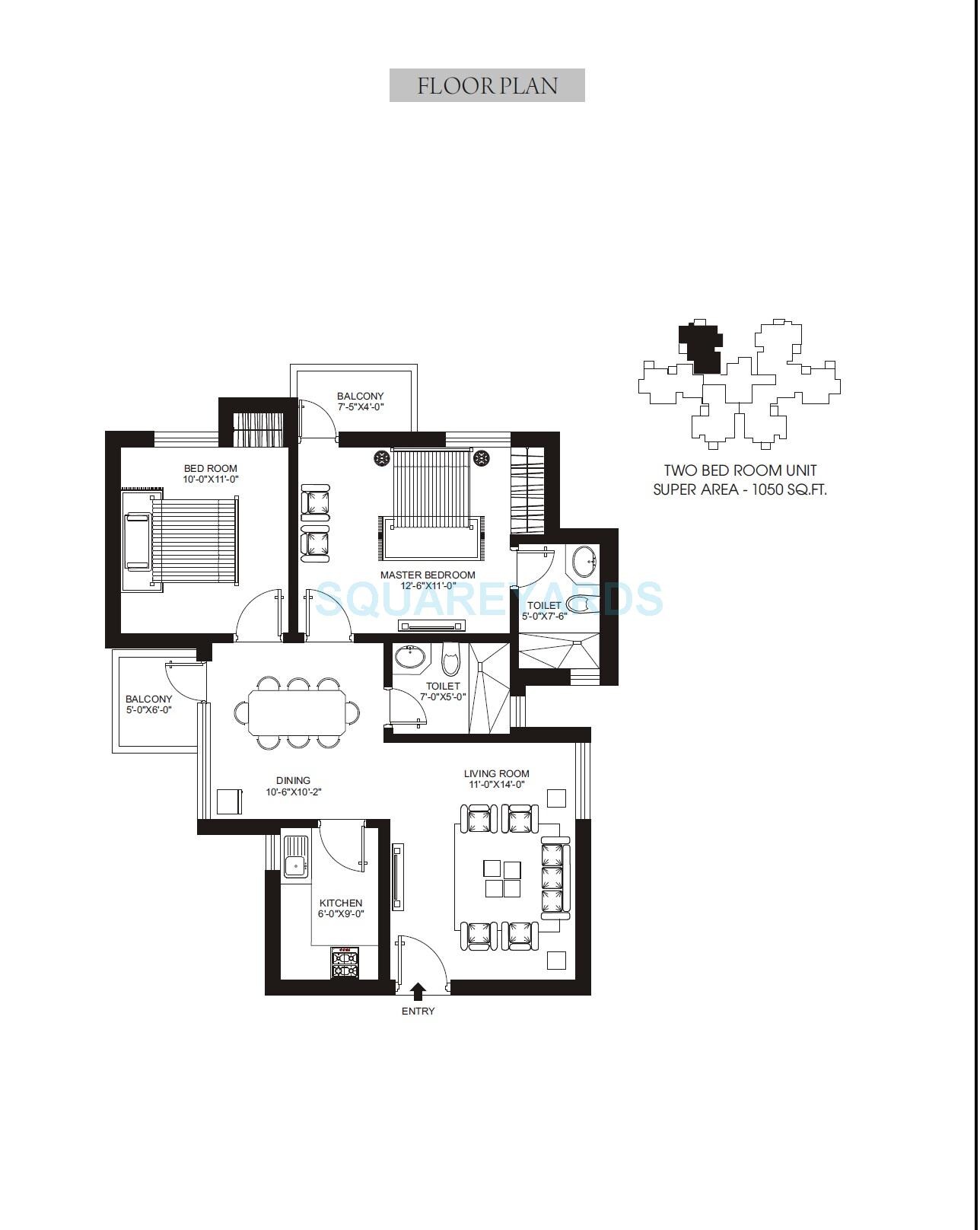 Floor plan of 2 BHK 1050 Sq. Ft. Apartment in Orris Aster Court, Gurgaon