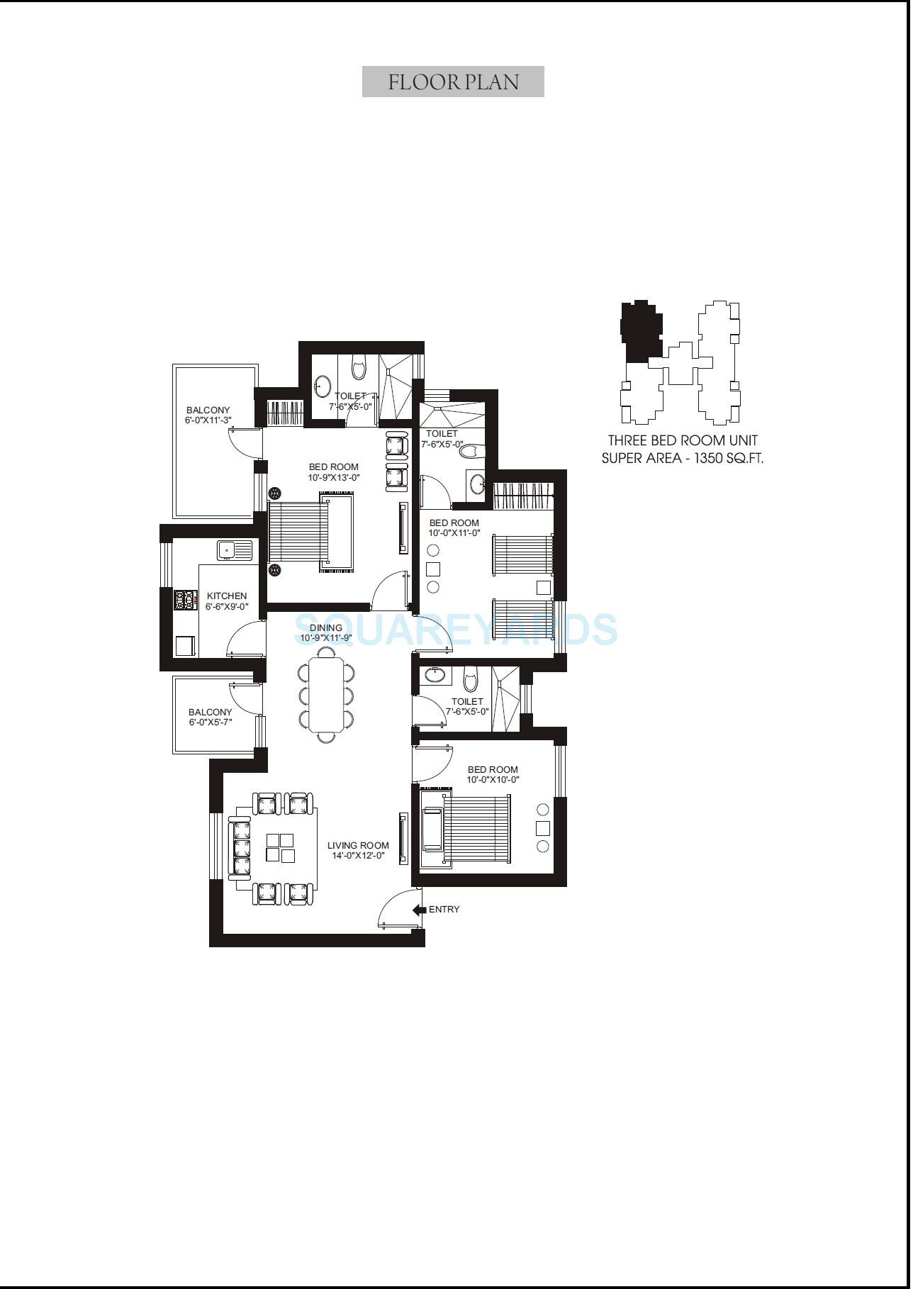 Floor plan of 3 BHK 1350 Sq. Ft. Apartment in Orris Aster Court, Gurgaon