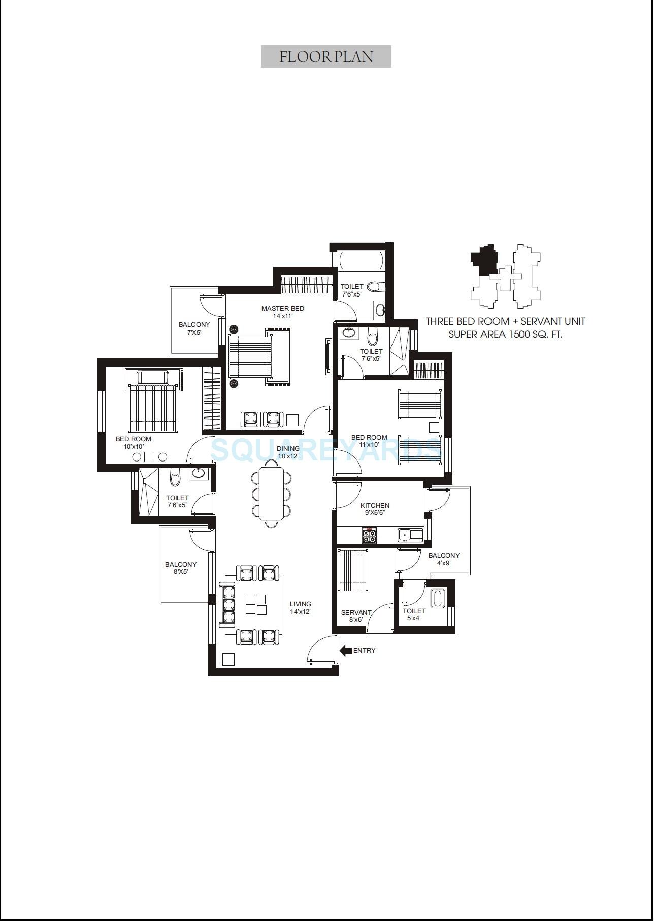 Floor plan of 3 BHK 1500 Sq. Ft. Apartment in Orris Aster Court, Gurgaon