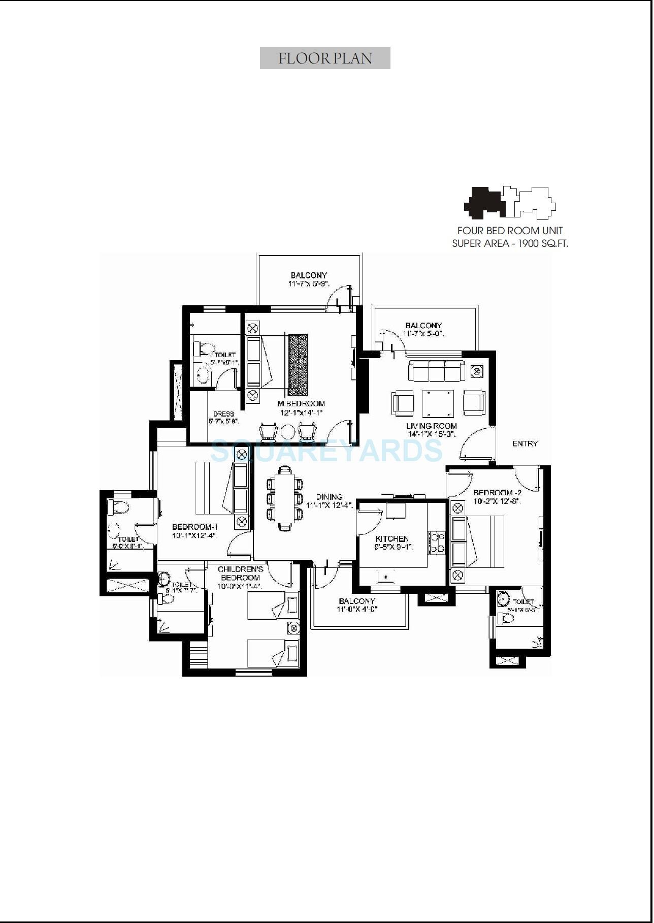 Floor plan of 4 BHK 1900 Sq. Ft. Apartment in Orris Aster Court, Gurgaon