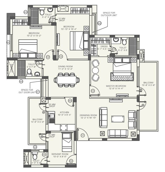 Floor plan of 3 BHK 2120 Sq. Ft. Apartment in Orris Aster Court Premier, Gurgaon