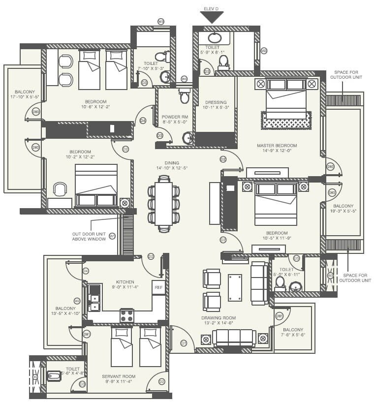 Floor plan of 4 BHK 2560 Sq. Ft. Apartment in Orris Aster Court Premier, Gurgaon