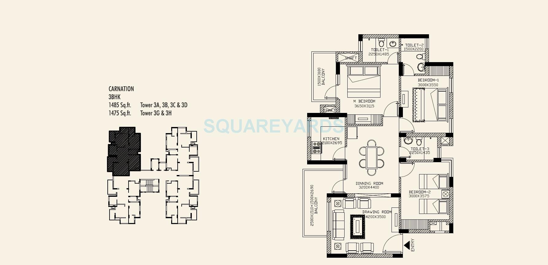Floor plan of 3 BHK 1475 Sq. Ft. Apartment in Orris Carnation Residency, Gurgaon