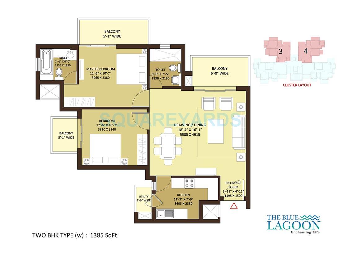 Floor plan of 2 BHK 1385 Sq. Ft. Apartment in Orris The Blue Lagoon, Gurgaon