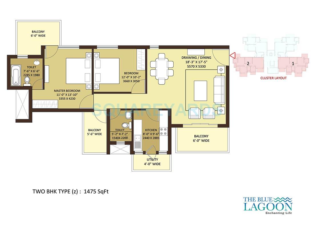 Floor plan of 2 BHK 1475 Sq. Ft. Apartment in Orris The Blue Lagoon, Gurgaon