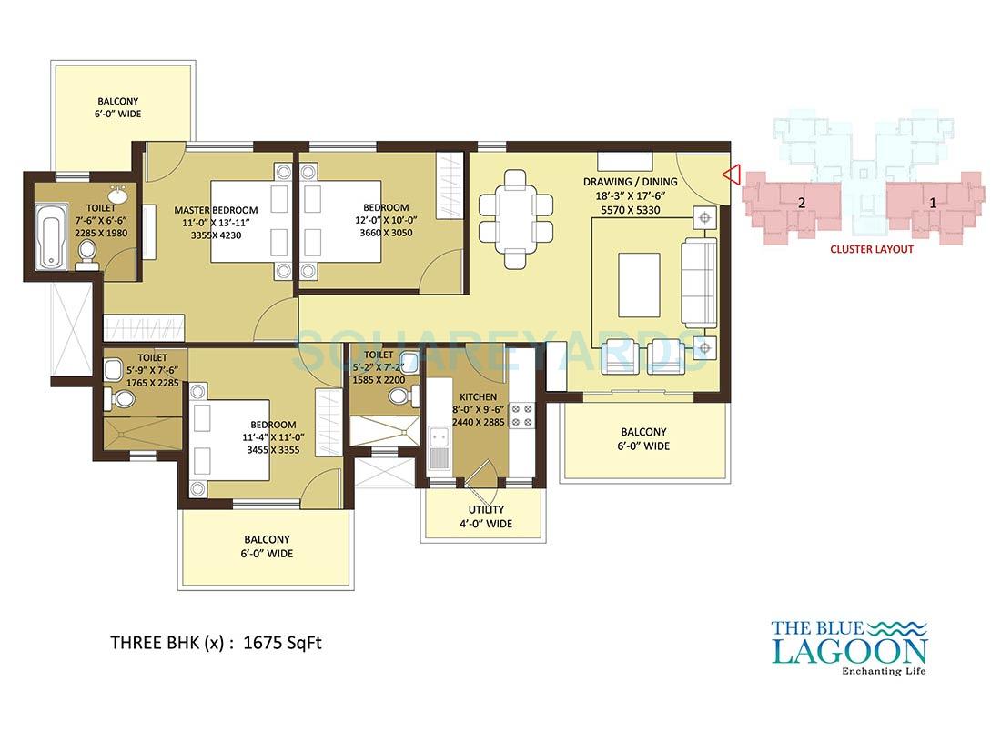 Floor plan of 3 BHK 1675 Sq. Ft. Apartment in Orris The Blue Lagoon, Gurgaon