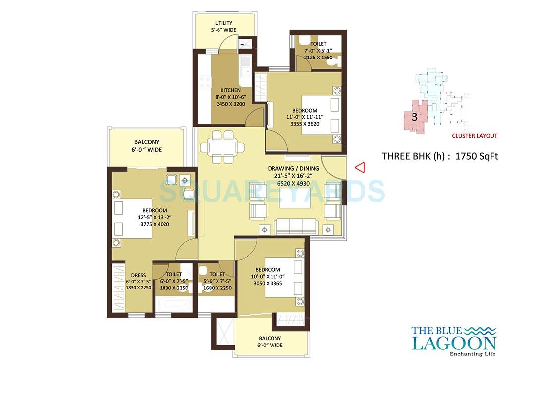 Floor plan of 3 BHK 1750 Sq. Ft. Apartment in Orris The Blue Lagoon, Gurgaon
