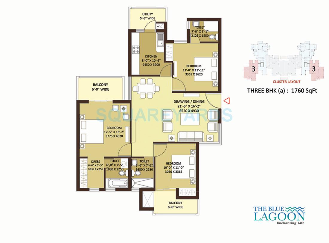 Floor plan of 3 BHK 1760 Sq. Ft. Apartment in Orris The Blue Lagoon, Gurgaon