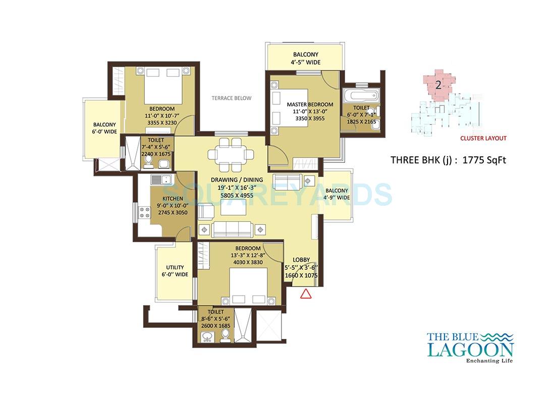 Floor plan of 3 BHK 1775 Sq. Ft. Apartment in Orris The Blue Lagoon, Gurgaon
