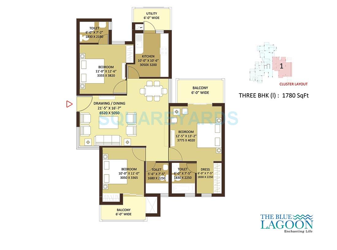 Floor plan of 3 BHK 1780 Sq. Ft. Apartment in Orris The Blue Lagoon, Gurgaon