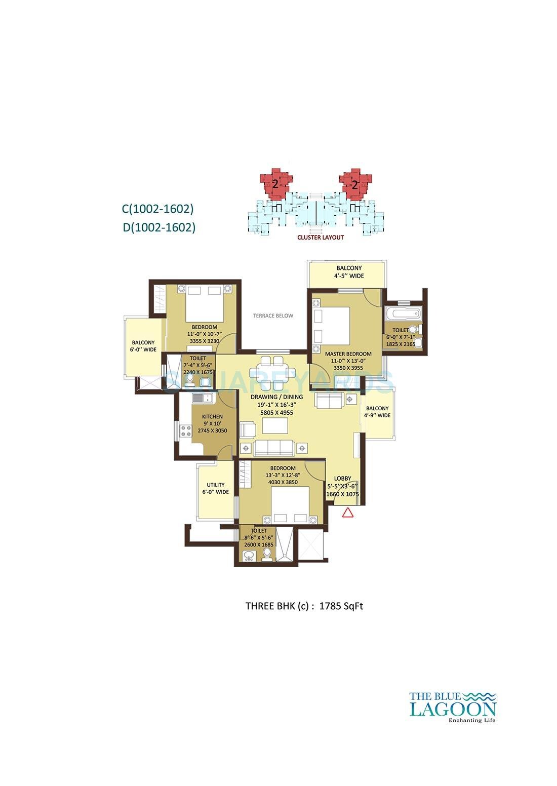 Floor plan of 3 BHK 1785 Sq. Ft. Apartment in Orris The Blue Lagoon, Gurgaon