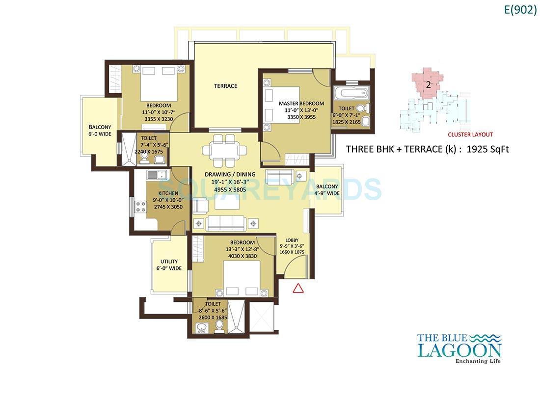 Floor plan of 3 BHK 1925 Sq. Ft. Apartment in Orris The Blue Lagoon, Gurgaon