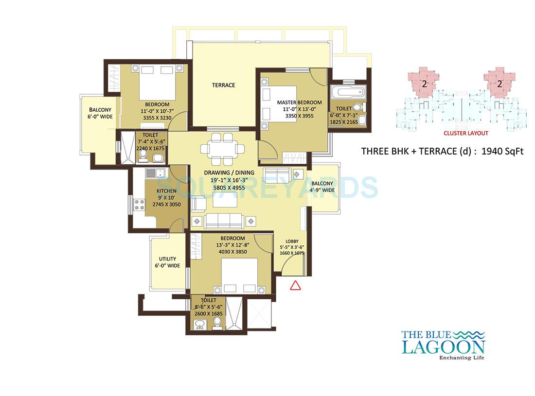 Floor plan of 3 BHK 1940 Sq. Ft. Apartment in Orris The Blue Lagoon, Gurgaon