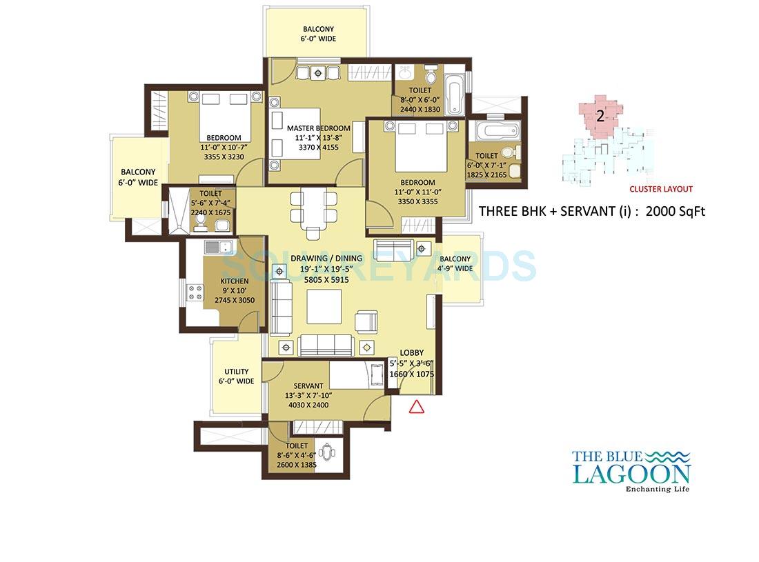 Floor plan of 3 BHK 2000 Sq. Ft. Apartment in Orris The Blue Lagoon, Gurgaon
