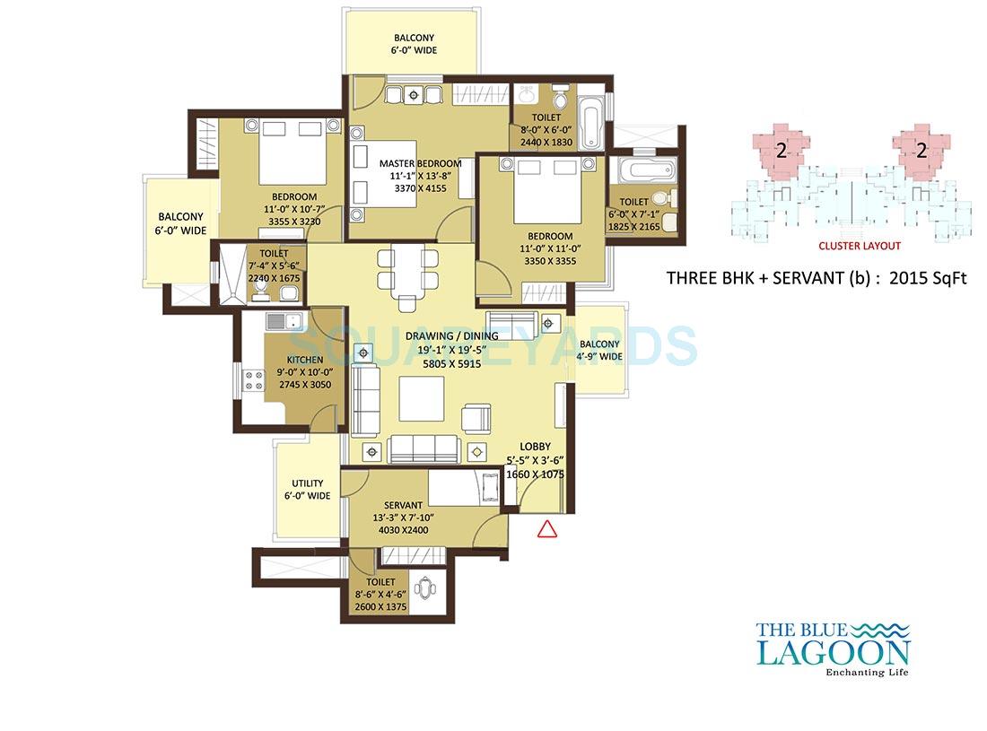 Floor plan of 3 BHK 2015 Sq. Ft. Apartment in Orris The Blue Lagoon, Gurgaon