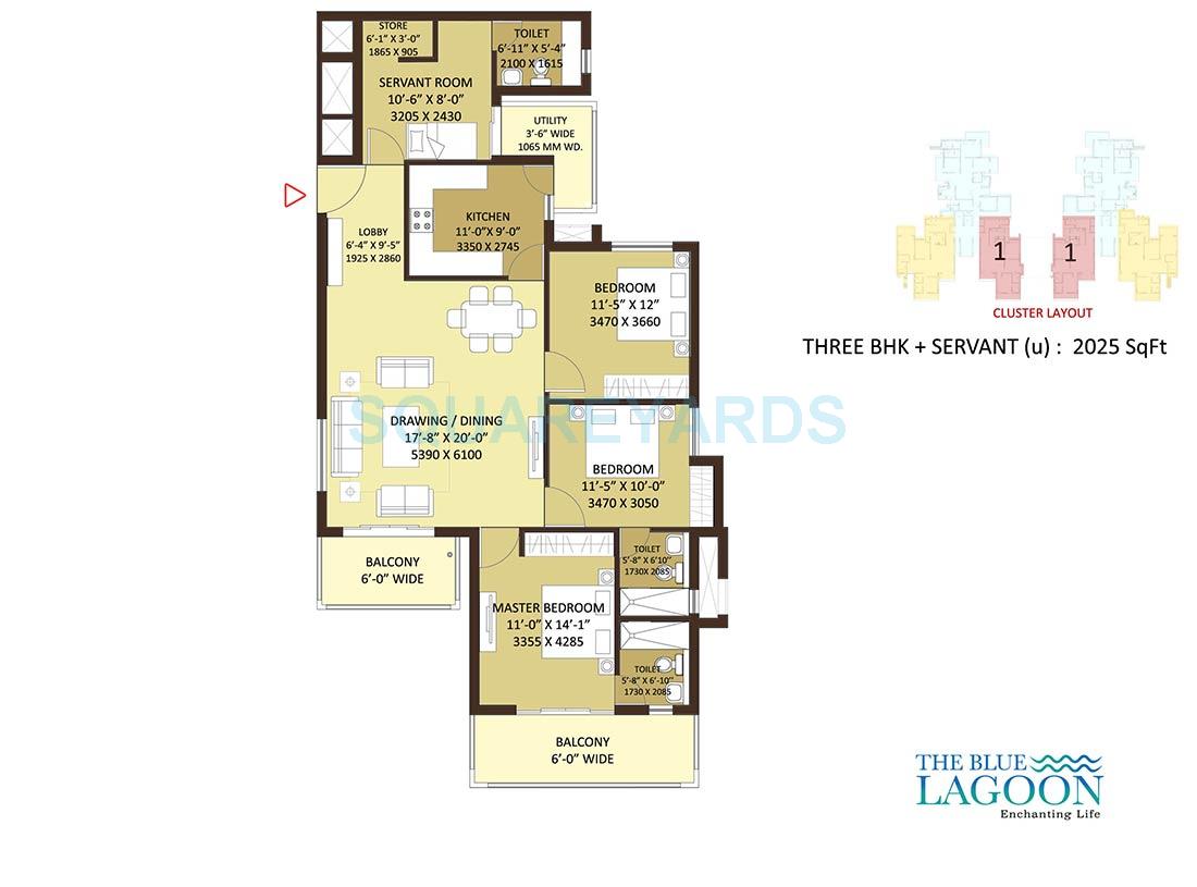 Floor plan of 3 BHK 2025 Sq. Ft. Apartment in Orris The Blue Lagoon, Gurgaon