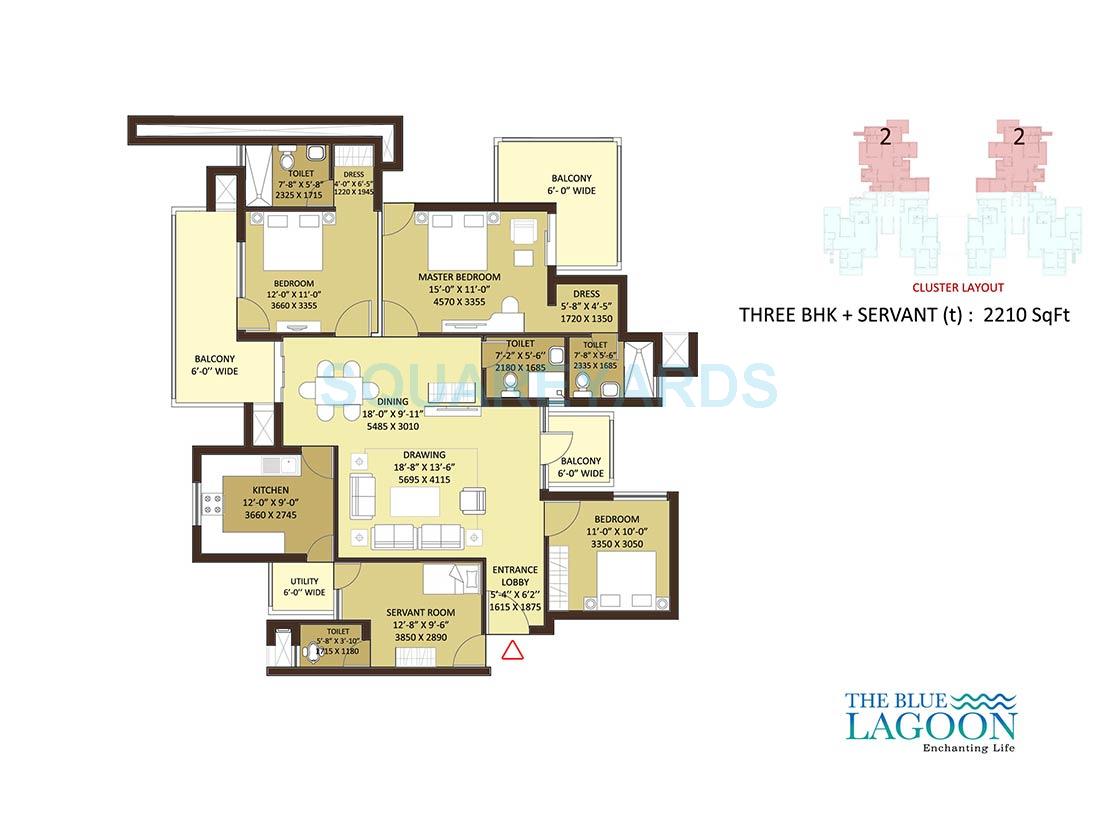 Floor plan of 3 BHK 2210 Sq. Ft. Apartment in Orris The Blue Lagoon, Gurgaon