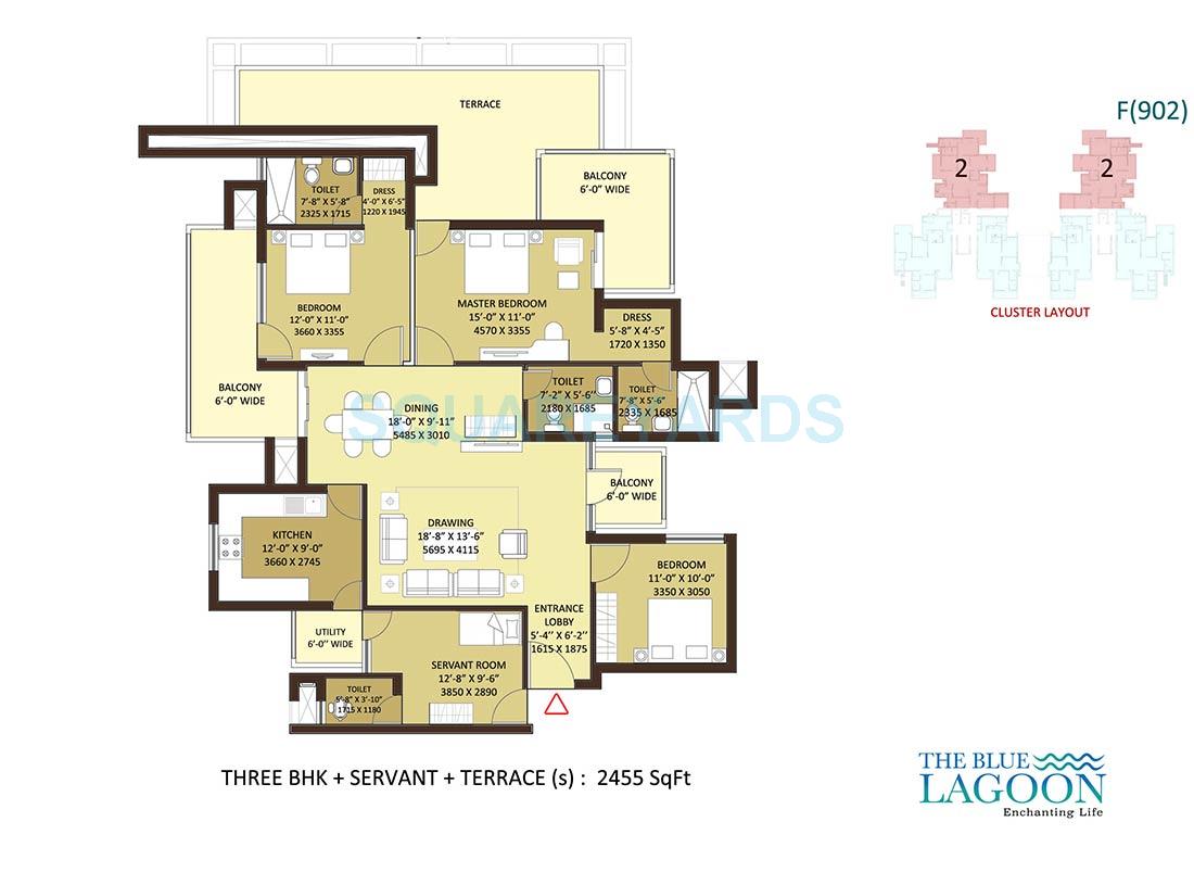 Floor plan of 3 BHK 2455 Sq. Ft. Apartment in Orris The Blue Lagoon, Gurgaon