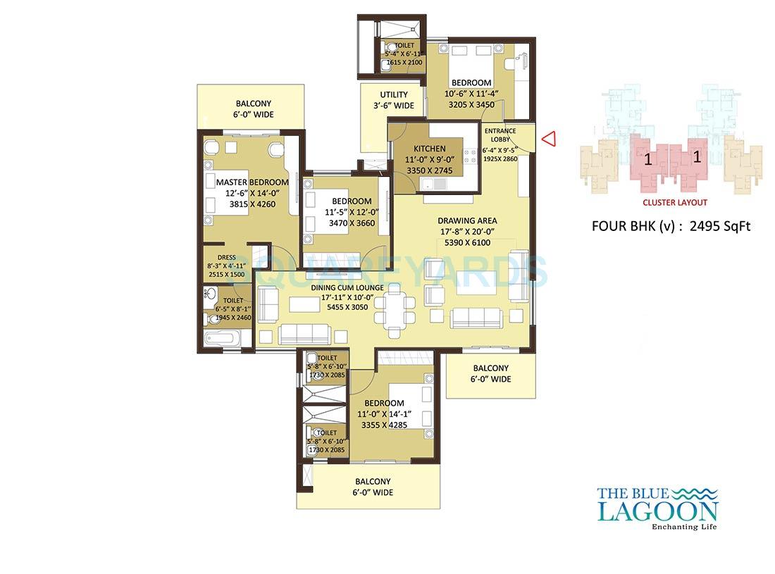 Floor plan of 4 BHK 2495 Sq. Ft. Apartment in Orris The Blue Lagoon, Gurgaon