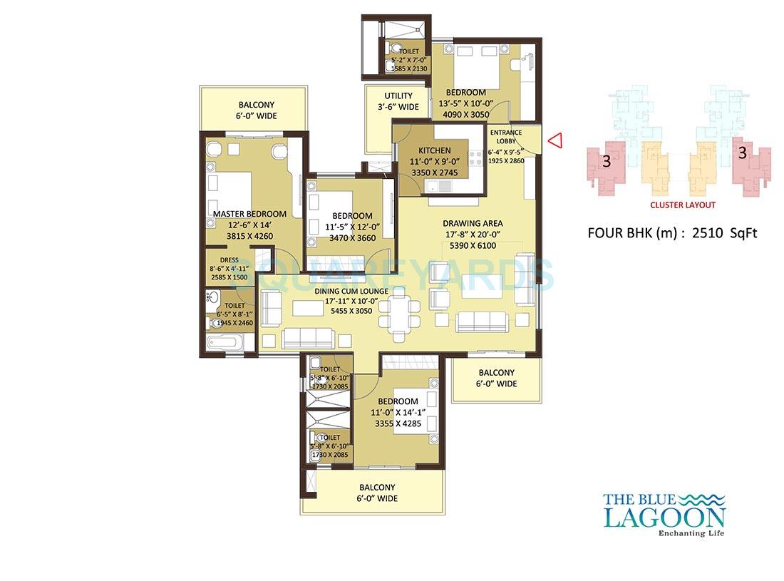 Floor plan of 4 BHK 2510 Sq. Ft. Apartment in Orris The Blue Lagoon, Gurgaon