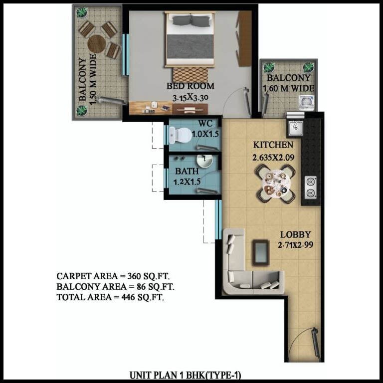 Floor plan of 1 BHK 446 Sq. Ft. Apartment in OSB Golf Heights, Gurgaon