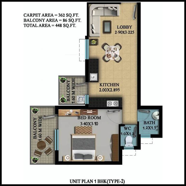 Floor plan of 1 BHK 448 Sq. Ft. Apartment in OSB Golf Heights, Gurgaon