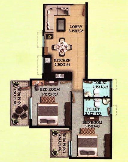 Floor plan of 2 BHK 937 Sq. Ft. Apartment in OSB Golf Heights, Gurgaon