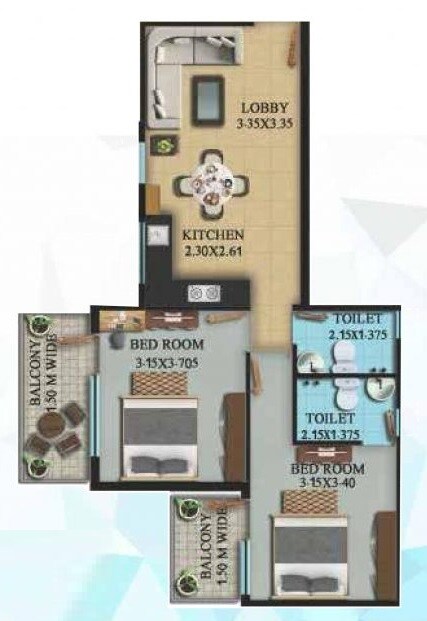 Floor plan of 2 BHK 646 Sq. Ft. Apartment in OSB Venetian, Gurgaon