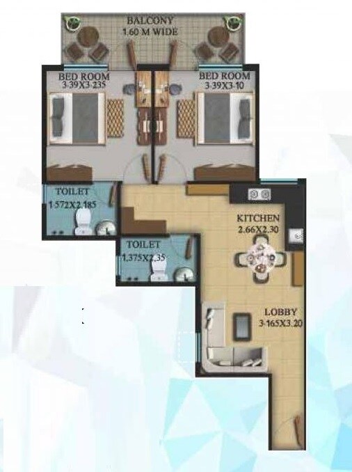 Floor plan of 2 BHK 669 Sq. Ft. Apartment in OSB Venetian, Gurgaon
